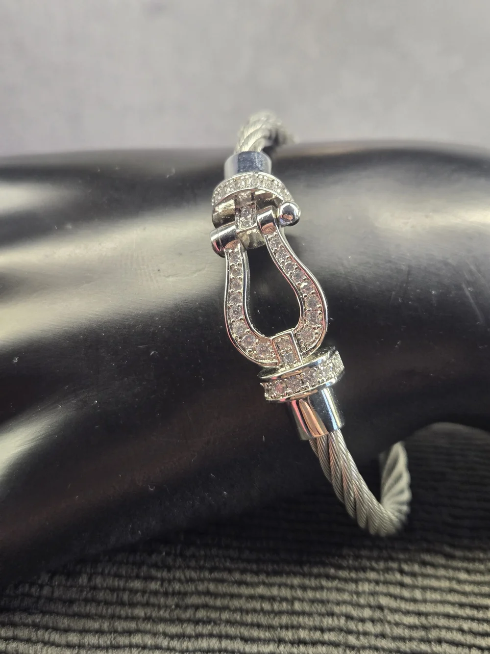 Silver Cable Bracelet Crystal Stirrup Buckle Clasp One Size